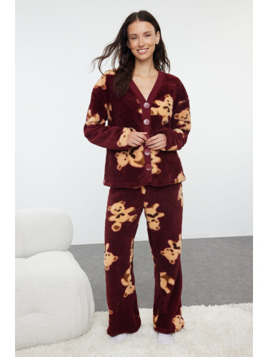 Trendyol Claret Red Teddy Bear Patterned Wellsoft Winter Knitted Pajamas Set