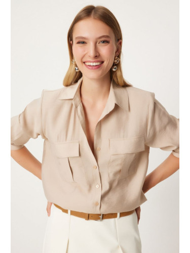 Happiness İstanbul Women's Beige Wide Pocket Tencel Shirt