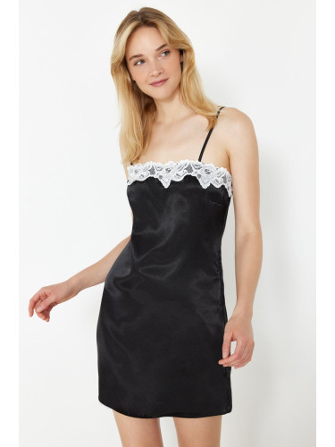 Trendyol Black Lace Zipper Detailed Rope Strap Satin Woven Nightgown