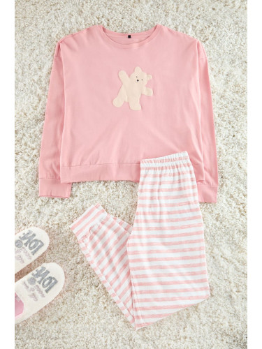 Trendyol Pink 100% Cotton Teddy Bear Printed Knitted Pajama Set