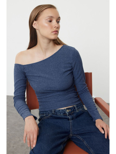 Trendyol Indigo Textured Asymmetric Gathered Boat Neck Fitted Knitted Blouse