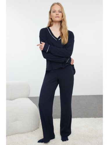 Trendyol Navy Blue Piping Detailed Ribbed Knitted Pajama Set