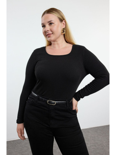 Trendyol Curve Black Square Neck Long Sleeve Ribbed Flexible Snap Fastener Knitted Body