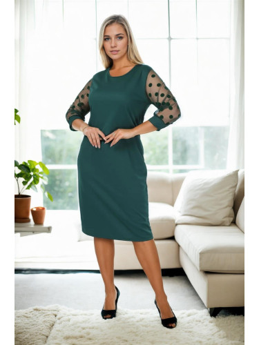 97062 Dewberry Polka Dot Flocked on Sleeves Plus Size Dress-GREEN