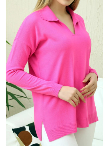 83295 Dewberry Polo Neck Long Sleeve Slit Sweater-FUCHSIA