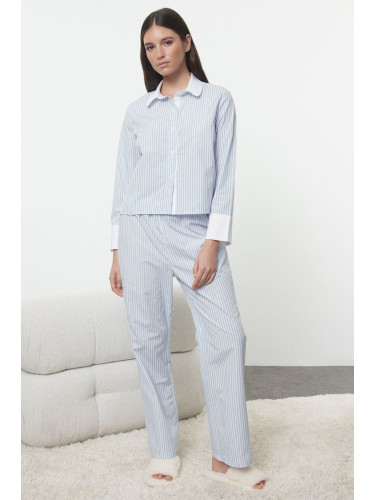 Trendyol Blue Cotton Striped Woven Pajama Set