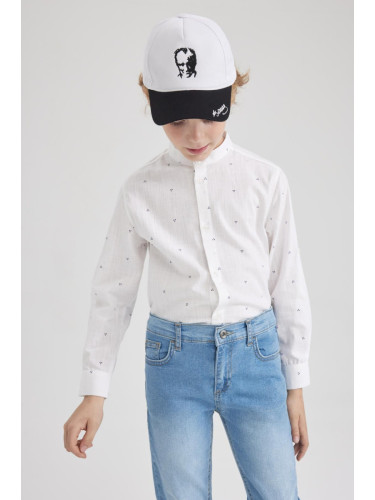 DEFACTO Boy's Linen Look Printed Long Sleeve White Shirt