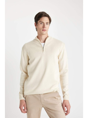 DEFACTO Beige Standard Fit Regular Cut Semi-Zipped Stand Collar Knitwear Sweater