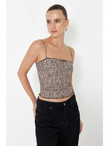 Trendyol Brown Leopard Printed Strappy Crop Super Stretch Knitted Blouse