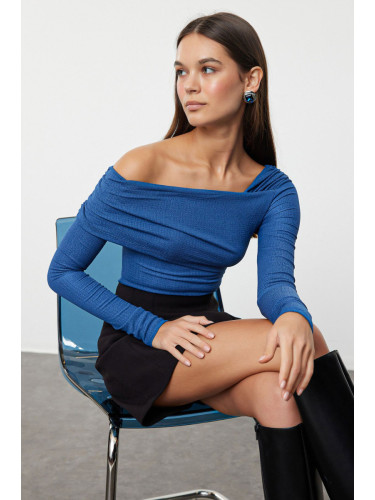 Trendyol Indigo Asymmetrical Collar Draped Fitted Knitted Bodysuit