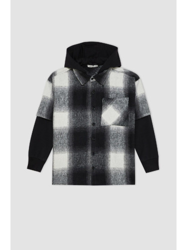 DEFACTO Boy Oversize Fit Wide Pattern Hooded Flannel Long Sleeve Shirt