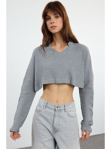 Trendyol Light Gray Super Crop Long Sleeve Knitted Look Blouse