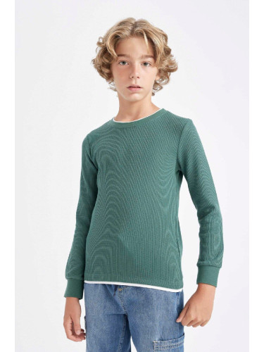 DEFACTO Boy's Crew Neck Basic Plain Waffle Long Sleeve T-Shirt