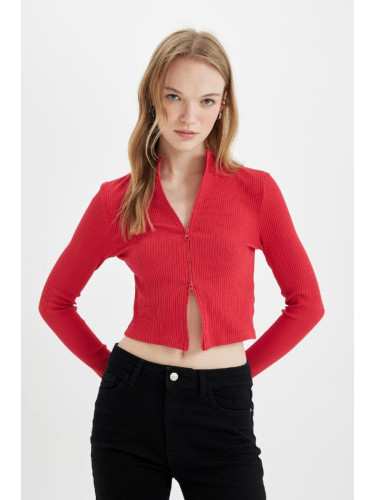 DEFACTO Fitted Stand Collar Basic Plain Zippered Ribbed Camisole Crop Red Cardigan