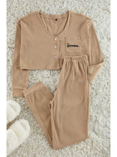 Trendyol Beige Corded Cotton Embroidered Knitted Pajama Set