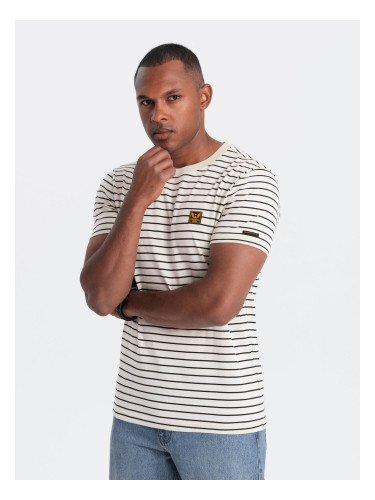 Men's striped t-shirt with patch by Ombre Design - cream and black