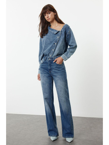 Trendyol Blue Stone Detailed High Waist Wide Leg Jeans