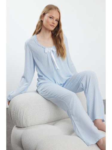 Trendyol Light Blue Striped Ruffle and Ribbon/Bow Detailed Woven Pajama Set