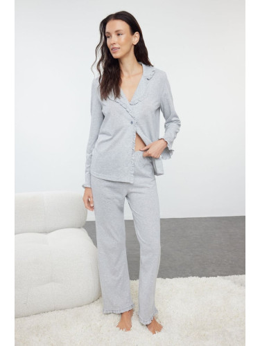 Trendyol Grey Melange Ruffle Detailed Knitted Pajama Set