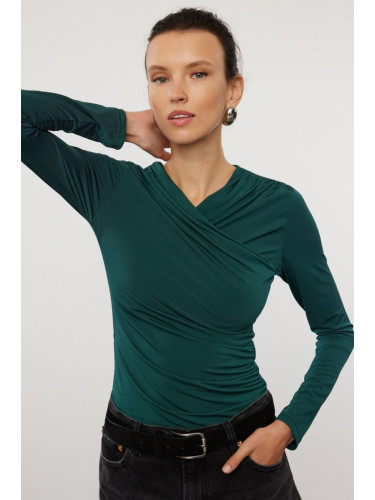 Trendyol Emerald Green Drape Detailed Fitted Long Sleeve Stretchy Knitted Blouse