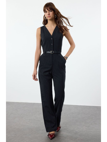 Trendyol Navy Blue Belted Striped Front Button Detail Long Jumpsuit