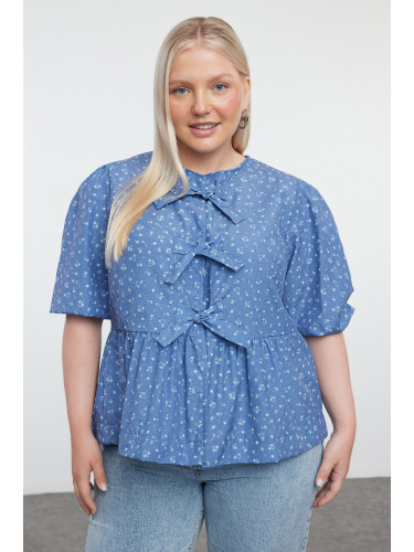 Trendyol Curve Navy Blue Women's Bow-Crispy Floral Woven Plus Size Blouse