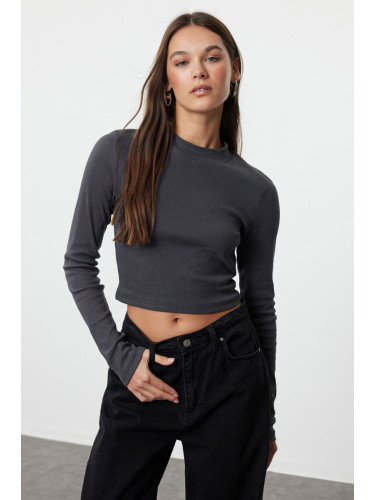 Trendyol Anthracite Washed Fitted Crop High Collar Ribbed Stretchy Knitted Blouse