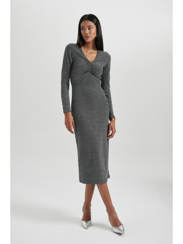 DEFACTO Bodycon Basic Plain Bodycon V Neck Sequined Fabric Midi Long Sleeve Dress