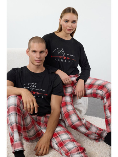 Trendyol Men's Black Plaid Regular Fit Top Knitted Bottom Woven Couple Pajama Set