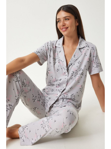 Happiness İstanbul Women's Gray Patterned Shirt and Pants Pajama Set