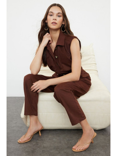 Trendyol Brown Shirt Collar Maxi Woven Overalls