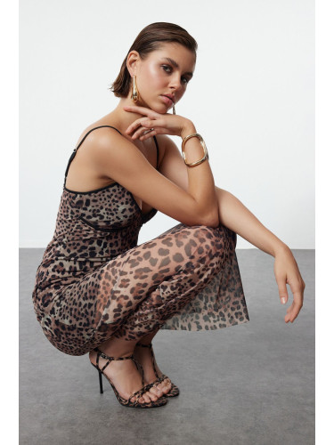 Trendyol Brown Body-Smoothing Leopard Patterned Tulle Woven Dress