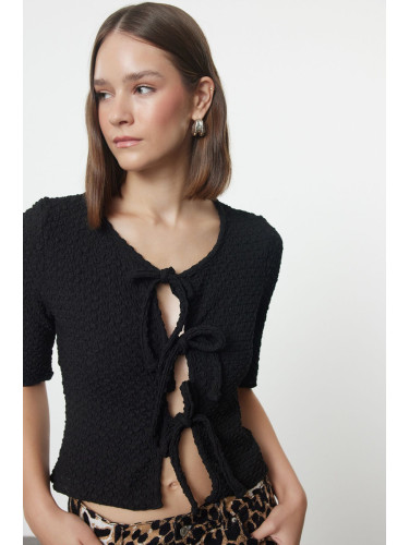 Trendyol Black Textured Fitted/Body-Sit Tie Detailed Flexible Knitted Blouse