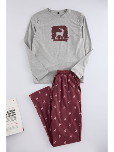 Trendyol Men's Claret Red Deer Printed Regular Fit Knitted Pajama Set