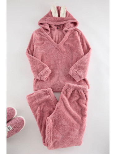 Trendyol Curve Pink Wellsoft/Plush Hooded Ear Detailed Knitted Pajama Set