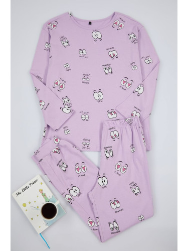 Trendyol Lilac 100 Cotton Eye Patterned T-shirt-Jogger Knitted Pajama Set