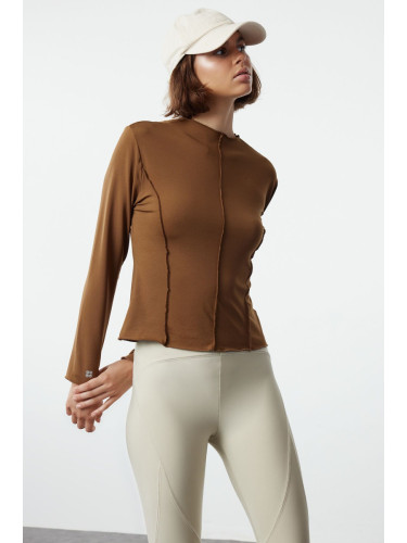 Trendyol Brown Micro Stitching and Reflective Print Detailed Sports Knitted Top/Blouse