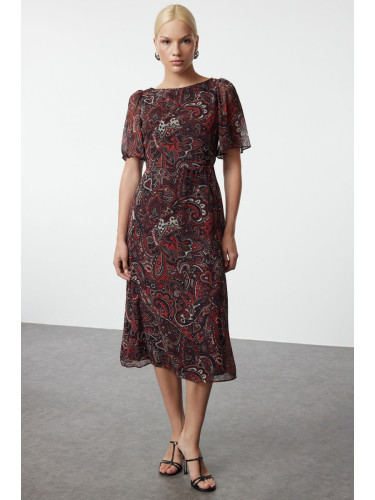 Trendyol Red Animal Patterned A-Line Angel Sleeve Lined Chiffon Midi Woven Dress