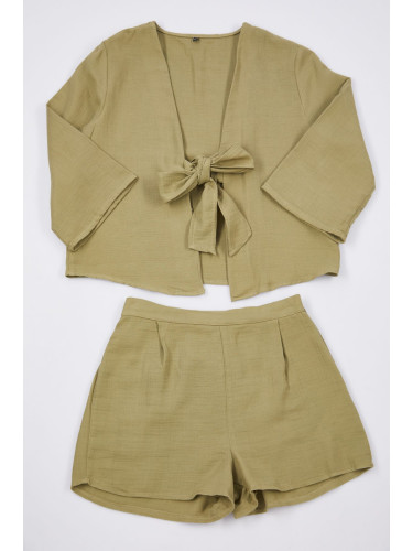 Trendyol Khaki 100% Cotton Tie/Ribbon/Bow Detailed Muslin Woven Pajama Set