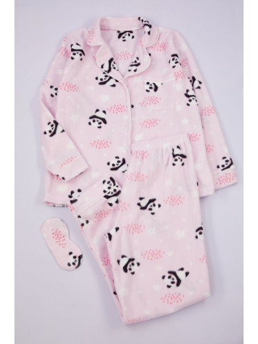 Trendyol Curve Pink Shirt Collar Panda Patterned Knitted Pajama Set