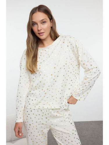 Trendyol Ecru Foil Star Printed Knitted Pajama Set