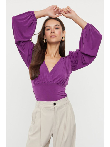 Trendyol Plum Double Breasted Gathering/Drape Detailed Long Sleeve Stretchy Knitted Blouse