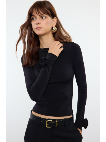 Trendyol Black Rose Detailed Fitted Long Sleeve Stretchy Knitted Blouse