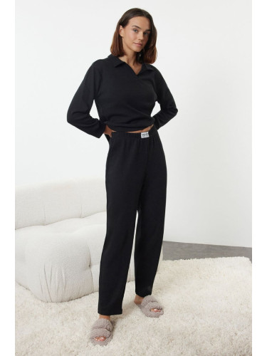 Trendyol Black Slogan Label Detailed Waffle Fabric Knitted Pajama Set