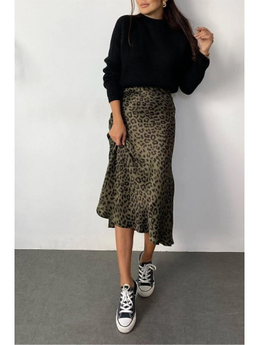 68223 Dewberry Leopard Pattern Satin Midi Length Skirt-BLACK-KHAKI