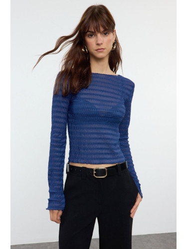 Trendyol Indigo Fitted Textured Tulle Stretchy Knitted Blouse