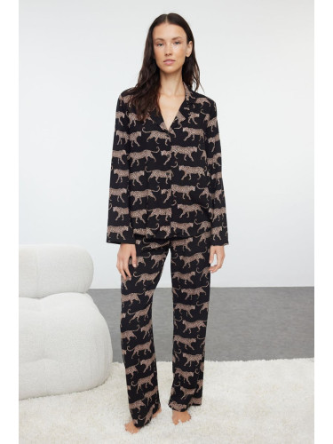 Trendyol Black Tiger Patterned Viscose Woven Pajama Set