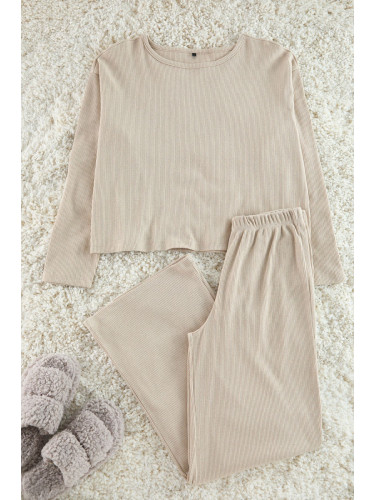 Trendyol Beige Ribbed Knitted Pajama Set