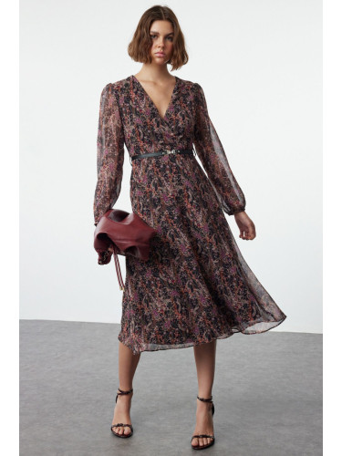 Trendyol Brown Floral Belted A-Line Midi Double Breasted Collar Patterned Chiffon Woven Dress