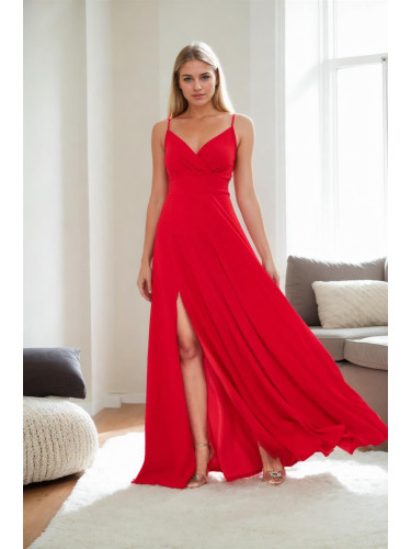 74886 Dewberry Rope Strap Slit Evening & Graduation Dress-RED